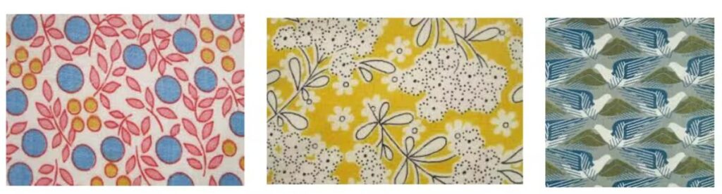 During World War II, fabrics shifted to comfy patterns – tiny flowers, small checks, and little scenes- in bright and cheerful colors.

