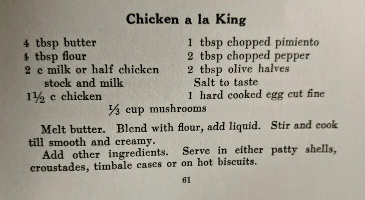 checken a la king recipe card