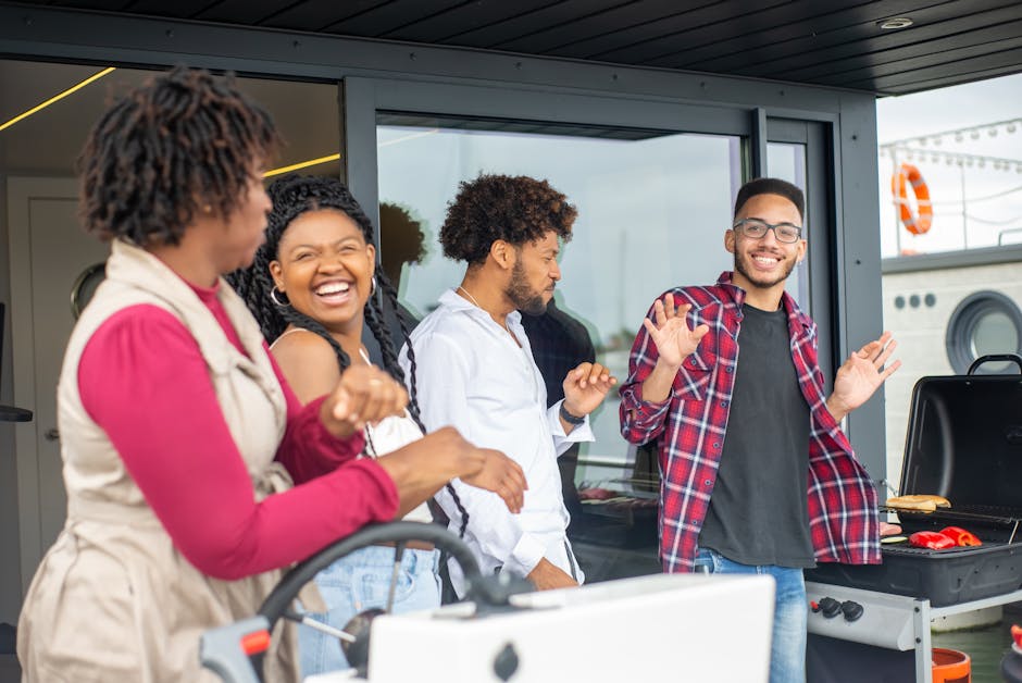 A diverse group of Americans gathered around a grill, symbolizing BBQ as a unifying force