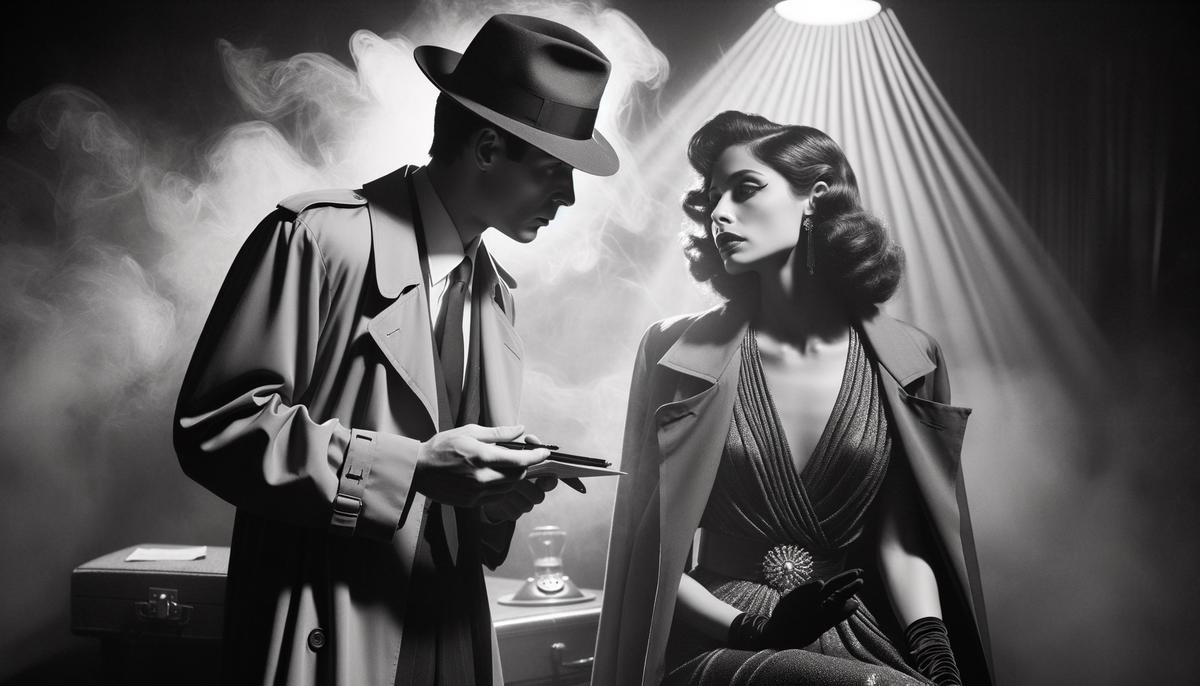 A dramatic black-and-white film noir scene with a detective and femme fatale in 1940s style