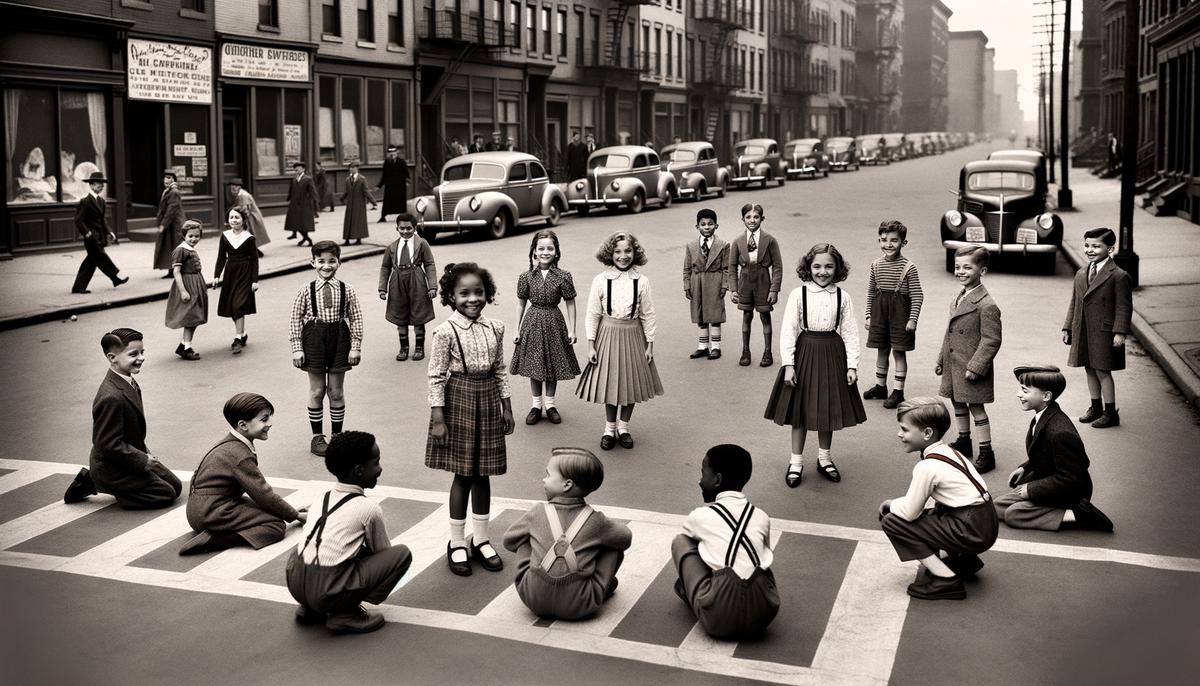 Diverse group of children playing games on a 1940s neighborhood street