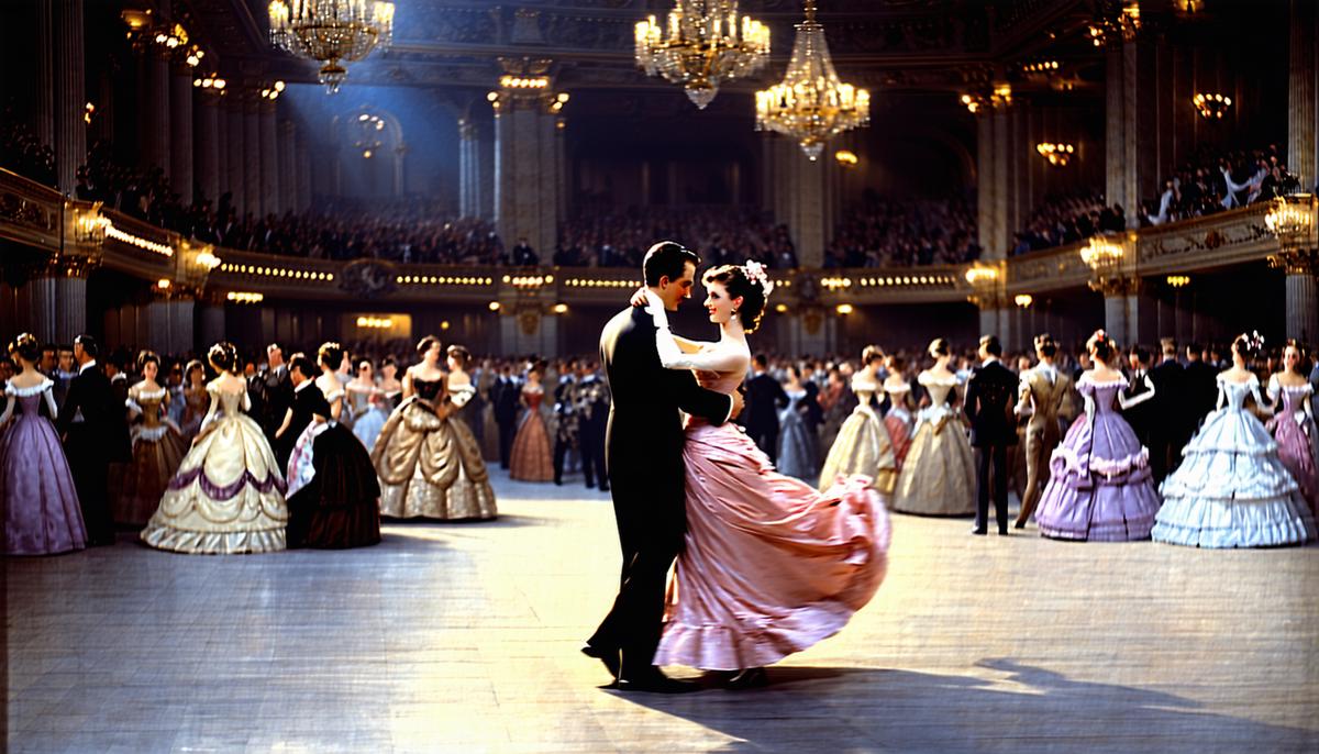 Elegant couples waltzing in a grand post-war ballroom, symbolizing a return to refinement and peace
