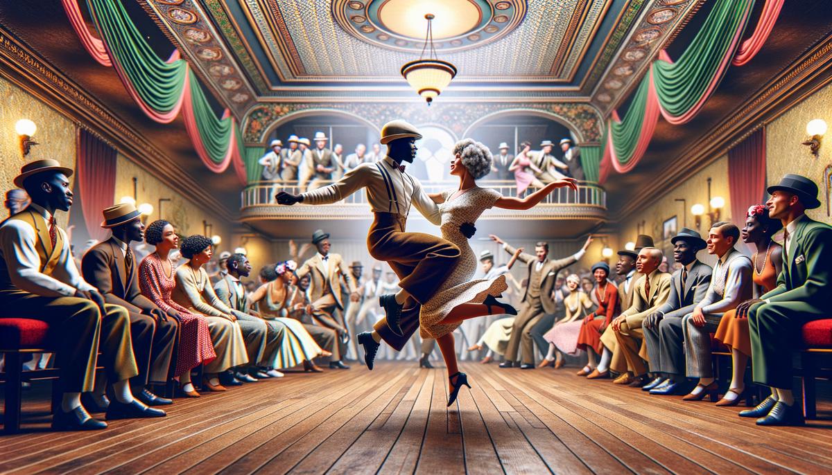 African American couple performing an energetic Lindy Hop routine in a 1920s dance hall, showcasing the dance's origins