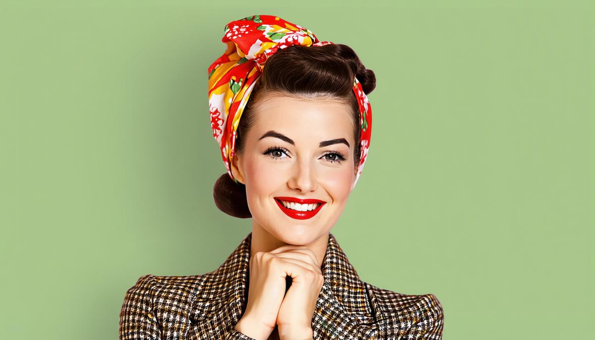 A smiling woman wearing a vibrant 1940s hair scarf tied in the iconic housewife method
